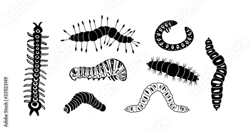 Set spring and summer caterpillar icons. Black caterpillars with different silhouette on white background. For festive card, logo, children, pattern, tattoo, decorative, concept. Vector illustration.