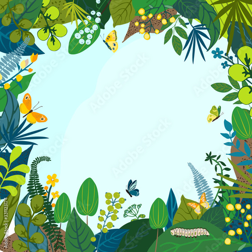 Beautiful floral background, frame. Green leaves, colorful flowers, caterpillar and butterflies. Spring and summer card for social network backdrop, invitation, wedding, birthday. Vector illustration.