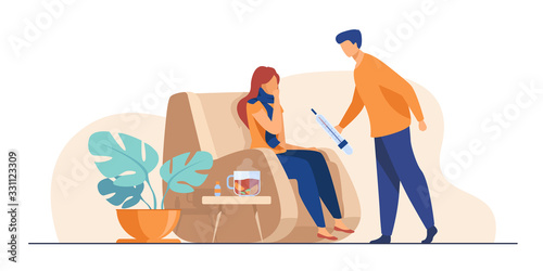 Woman in scarf catching cold and suffering from flu. Man taking care about sick girlfriend, giving thermometer to her. Vector illustration for infection, healthcare, illness concept