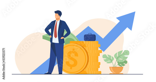 Successful entrepreneur or investor presenting stack of money and growth diagram. Businessman in suit standing at cash. Vector illustration for financial success, economy, trade concept