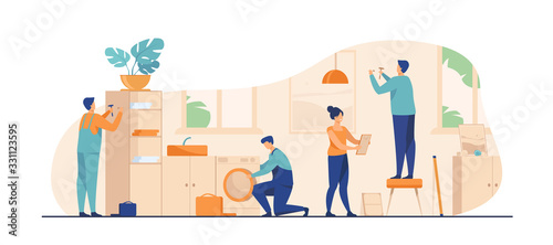 Handyman working at customer home. Repair man fixing washing machine, hammering nails. Vector illustration for housekeeping, household, service concept