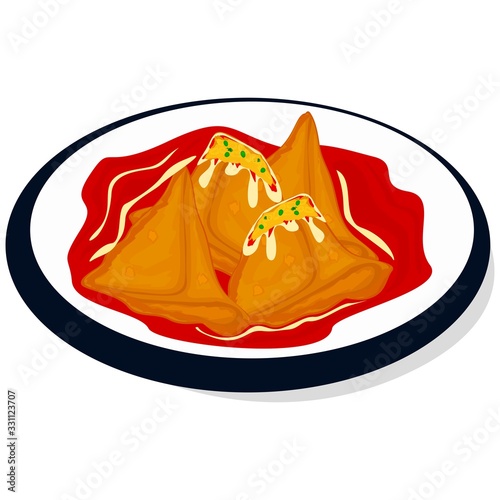 Samosa Chaat indian street Food Vector ,White Background