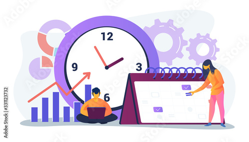 Timing and project scheduling. Managers working near calendar with marks and clock flat vector illustration. Time management, deadline concept for banner, website design or landing web page