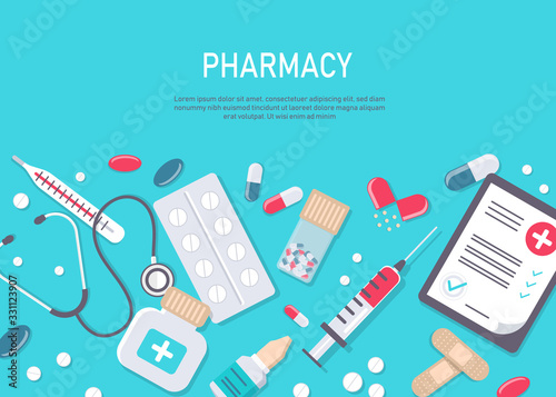 Medicine vector illustration. Pharmacy background, pharmacy desing, pharmacy templates. Medicine, pharmacy, hospital set of drugs with labels. Medication, pharmaceutics concept. Different medical
