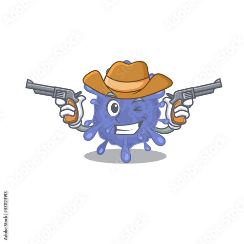 Funny biohazard viruscorona as a cowboy cartoon character holding guns