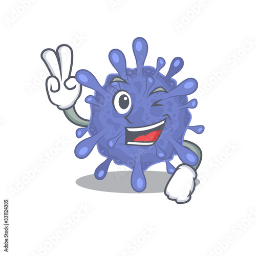 Cheerful biohazard viruscorona mascot design with two fingers
