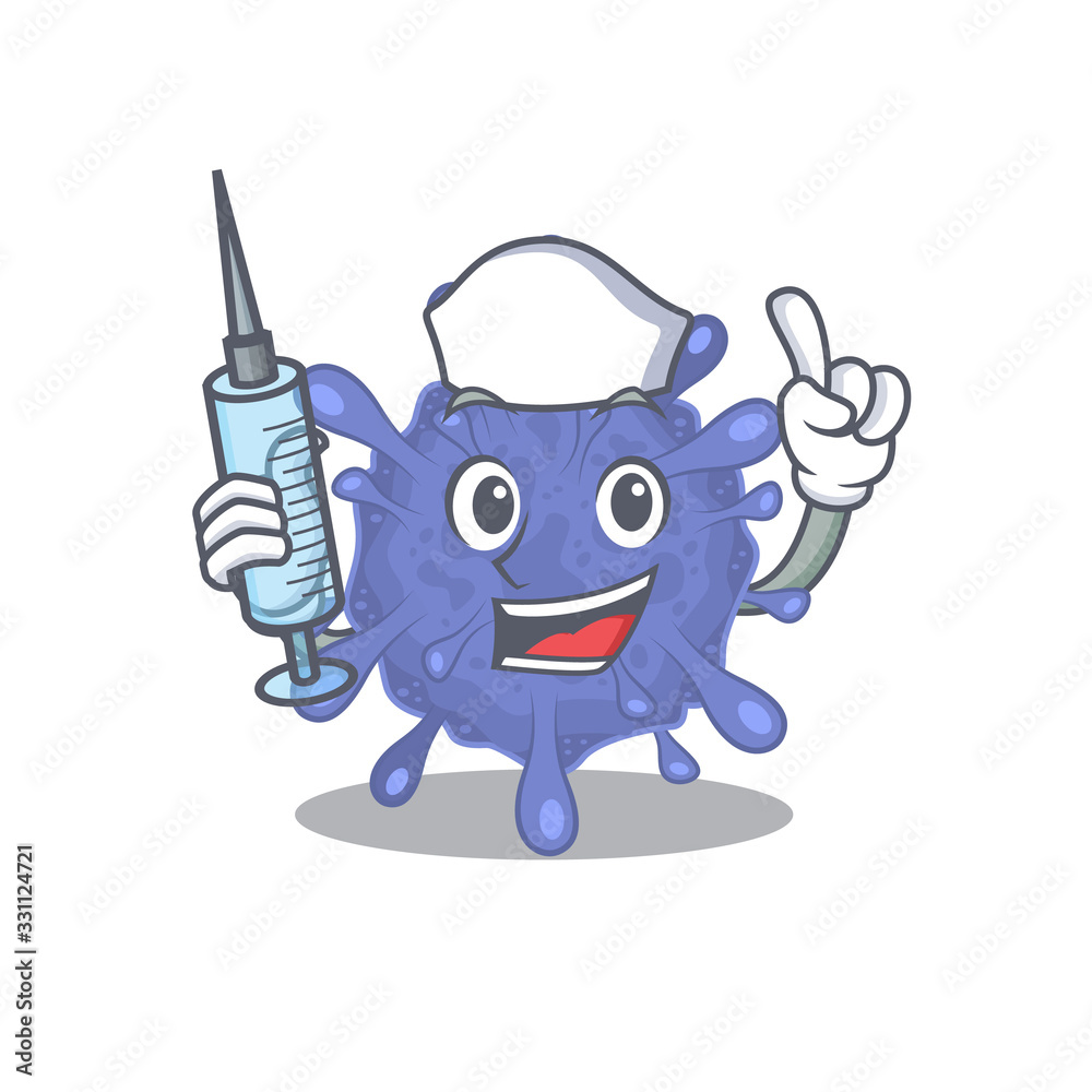 Friendly nurse of biohazard viruscorona mascot design holding syringe