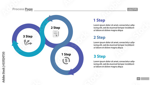 Three step process chart slide template. Diagram, strategy, plan. Concept for presentation, templates, annual reports. Can be used for topics like planning, management, organization