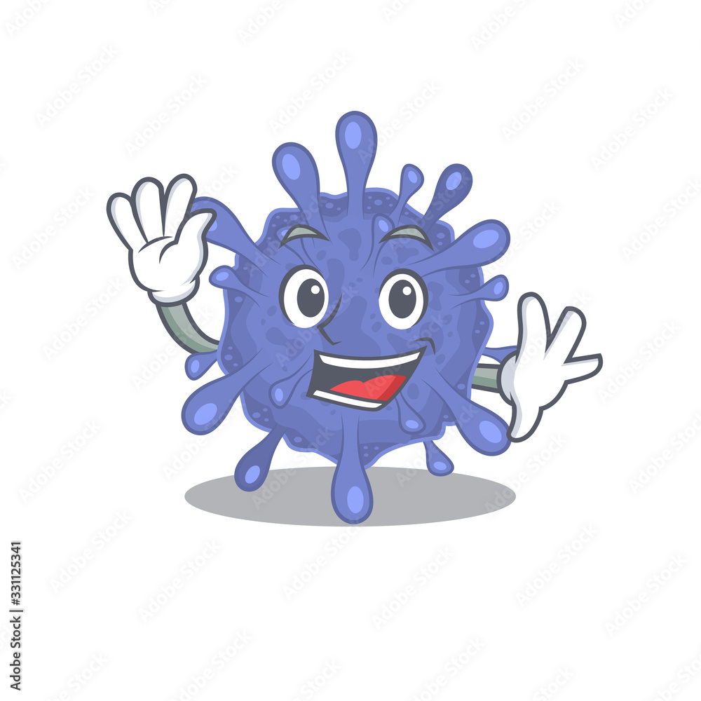 Smiley biohazard viruscorona cartoon mascot design with waving hand