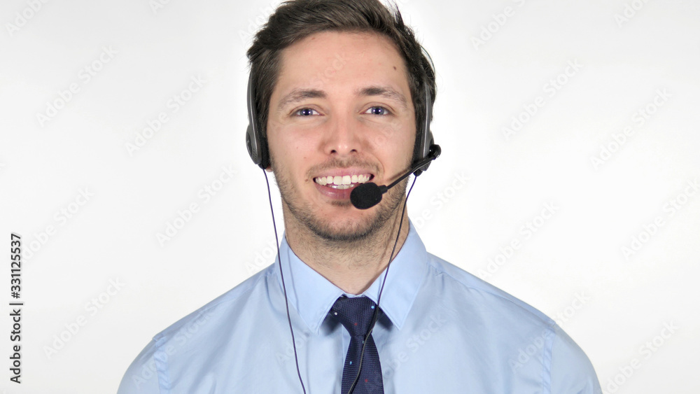 Online Video Chat by Talking Call Center Agent on White Background Online Video Chat by Talking Call Center Agent on White Background