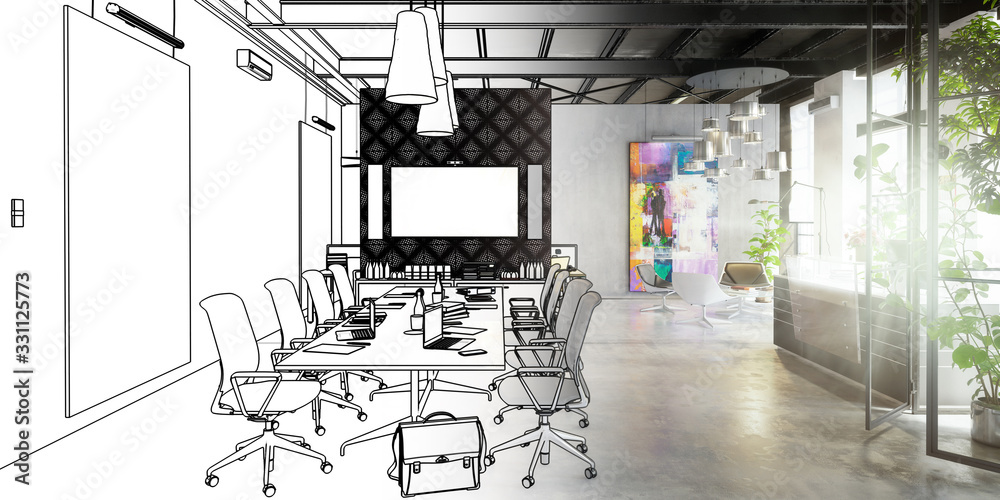 Contemporary Commercial Space Design (drawing) - panoramic 3d visualization