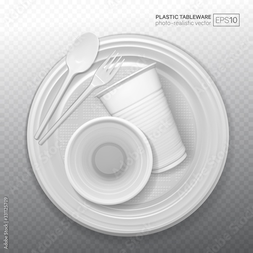 Set of realistic plastic dishes on a transparent background. Classic white disposable tableware. Realistic vector 3D illustration in EPS10 format.