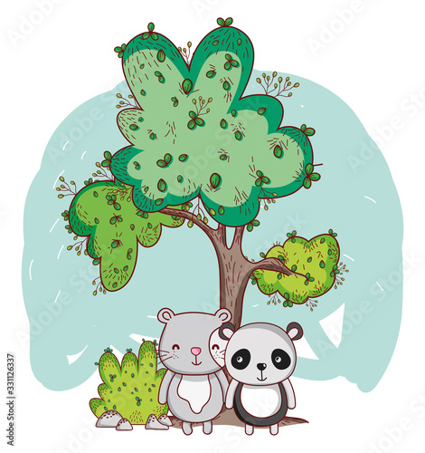 cute animals, panda and tree bush cartoon