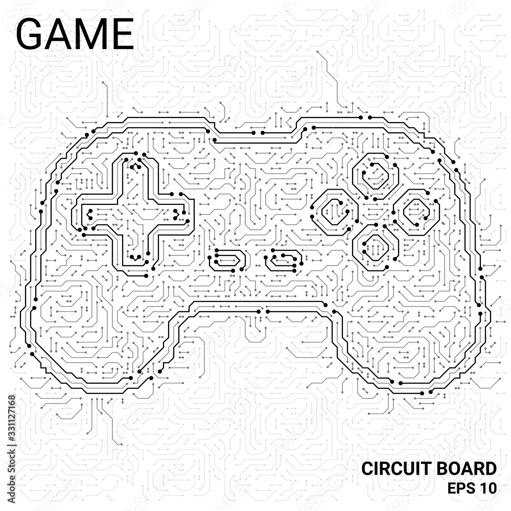 Circuit Board in the form of a game. Microchip gamepad background. High- tech vector illustration game made of chips. Electronic Board on a white background.