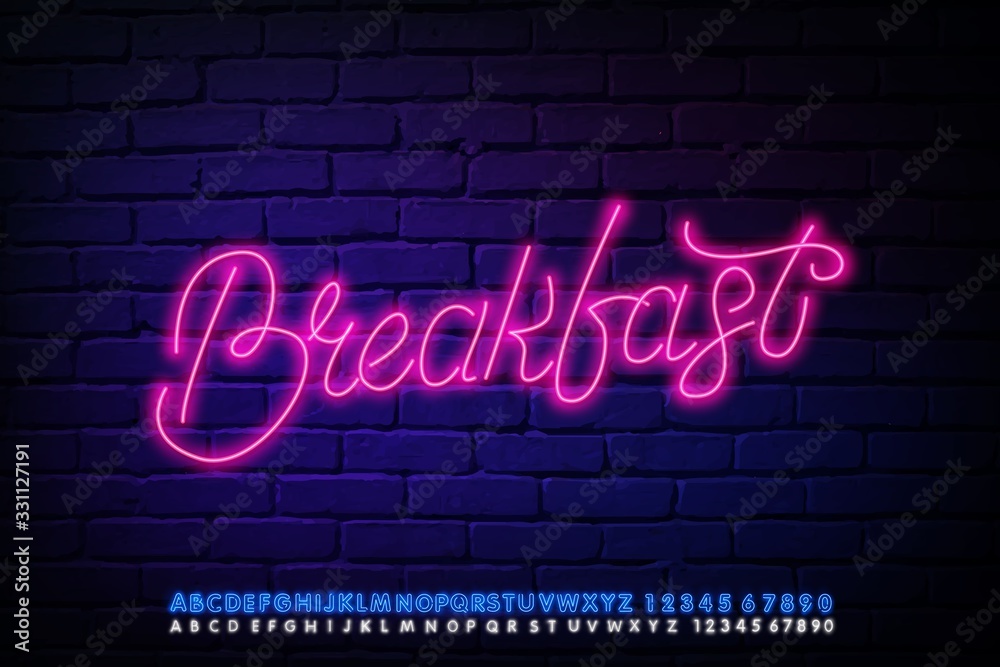 Neon handwritten alphabet font with the words Breakfast. Type letters and numbers on a dark background. Vector font for labels, titles, posters , etc.
