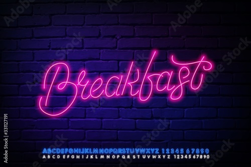 Neon handwritten alphabet font with the words Breakfast. Type letters and numbers on a dark background. Vector font for labels  titles  posters   etc.