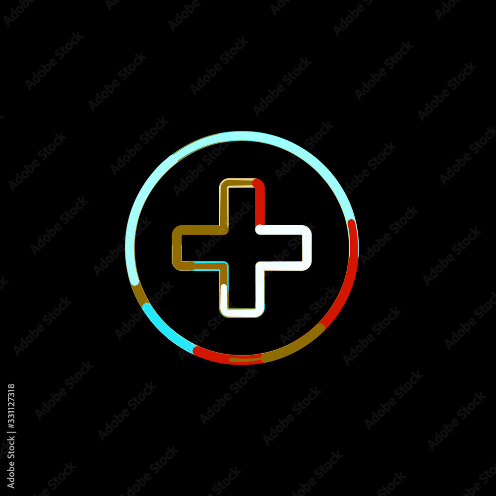 Symbol plus circle from multi-colored circles and stripes. Red, brown, blue, white Symbol plus circle from multi-colored circles and stripes. Red, brown, blue, white