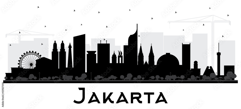 Obraz premium Dżakarta Indonezja sylwetka panoramę miasta z czarnymi budynkami na białym tle.