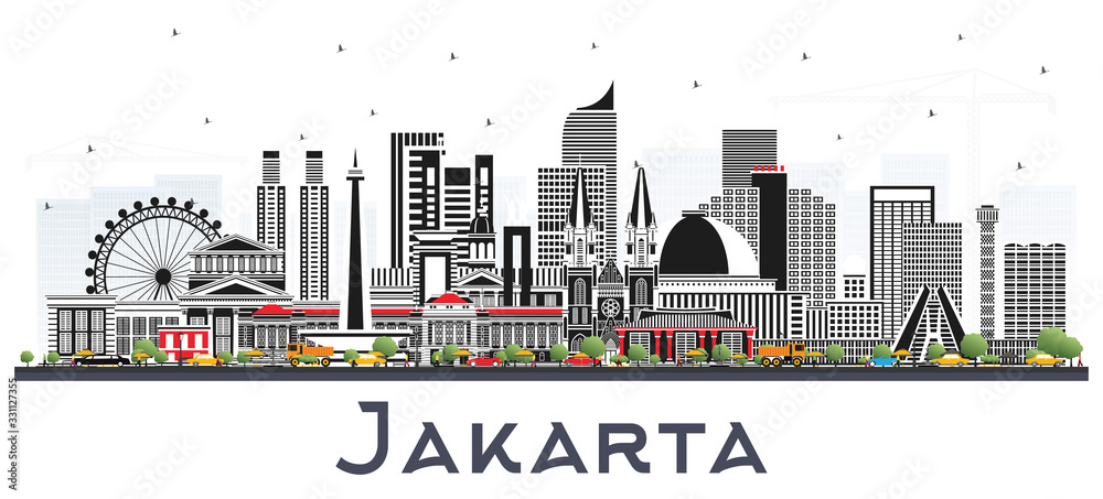 Jakarta Indonesia City Skyline with Gray Buildings Isolated on White.