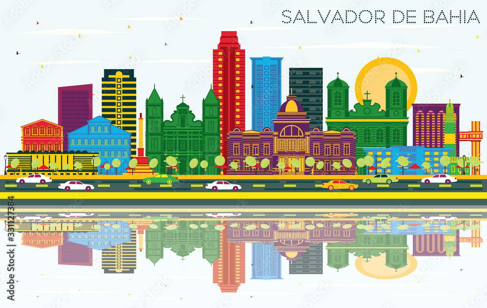 Salvador de Bahia Brazil City Skyline with Color Buildings, Blue Sky and Reflections.