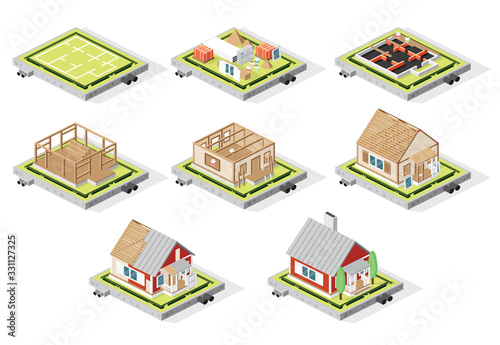 Isometric House Construction Phases Isolated on White. Stages from Plan to Finished Building.