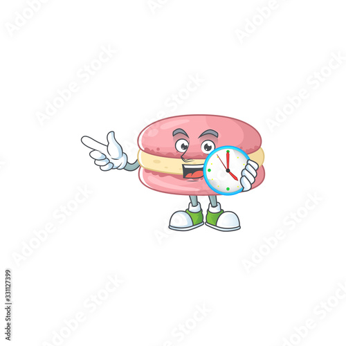 cartoon character style of cheerful strawberry macarons with clock