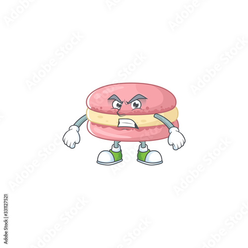 Charming strawberry macarons mascot design style waving hand