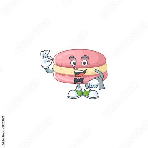 A character of strawberry macarons waiter working in the restaurant