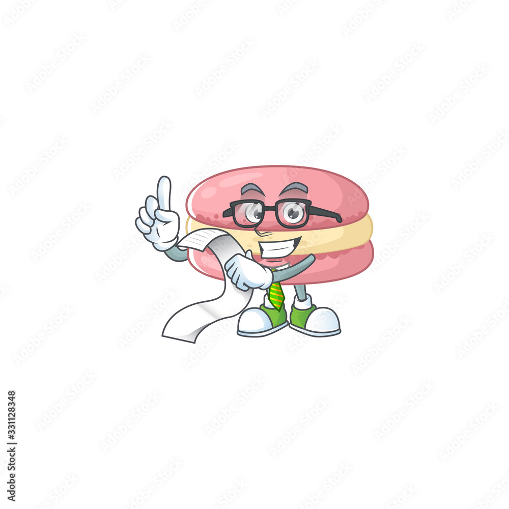 cartoon character of strawberry macarons holding menu on his hand