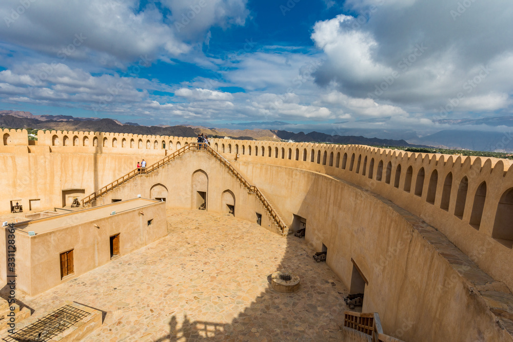 Nizwa Fort, City of Nizwa, Oman: details of fortifications and cannons. - Dec 2019.