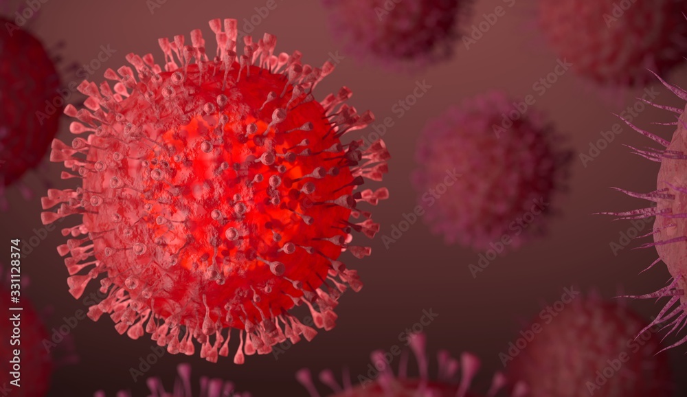 COVID -19, Coronavirus Infection inside human body. Respiratory disease is spreading. Chinese epidemic, infected cells under microscope. 3d illustration. Development, research of a vaccine