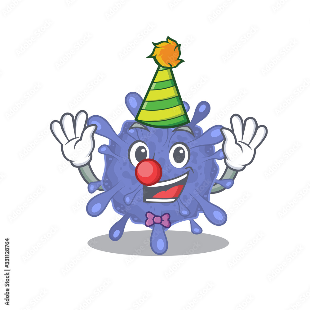 Naklejka premium Cute and Funny Clown biohazard viruscorona cartoon character mascot style