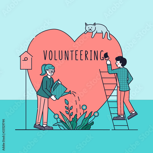 Voluntary charity persons vector illustration. Symbolic love of humanity as nonprofit social teamwork. Care, love and good heart community support concept. Contributing and volunteering.