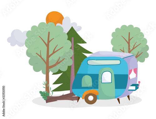 camping trailer trees forest trunk sun clouds cartoon