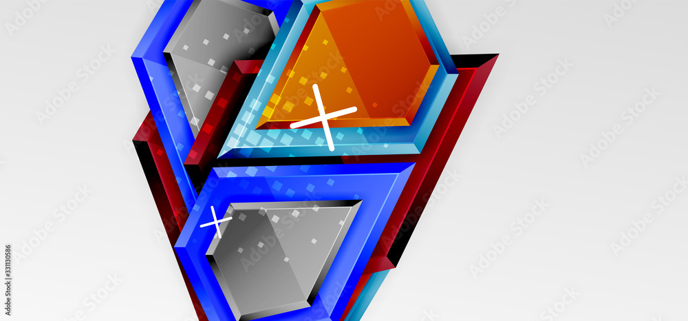 Metal glossy shiny geometric shapes with 3d effect composition. Techno futuristic vector abstract background For Wallpaper, Banner, Background, Card, Book Illustration, landing page