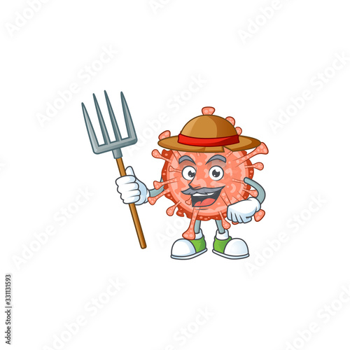 Bulbul coronavirus in Farmer mascot design with hat and pitchfork