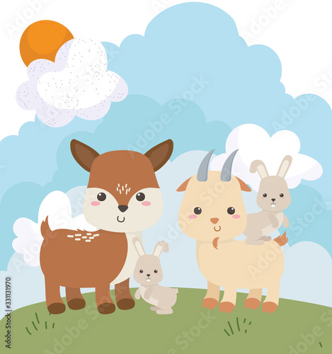 camping bunnies and deer cartoon © Stockgiu