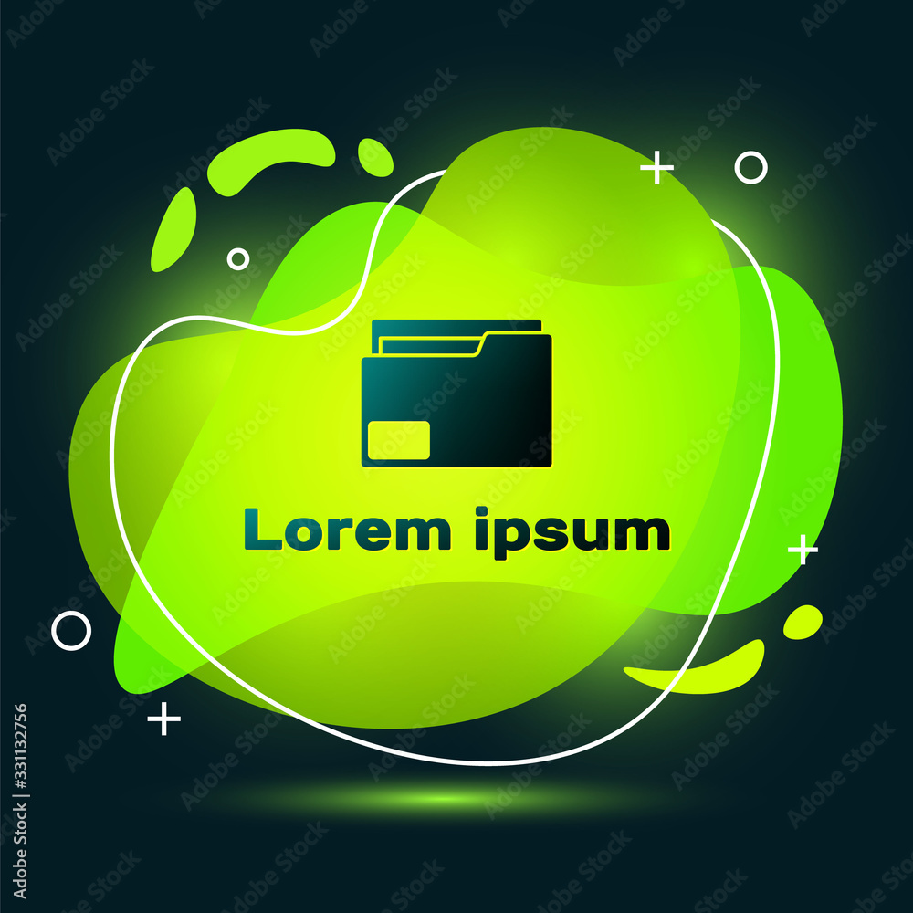 Black Document folder icon isolated on black background. Accounting binder symbol. Bookkeeping management. Abstract banner with liquid shapes. Vector Illustration