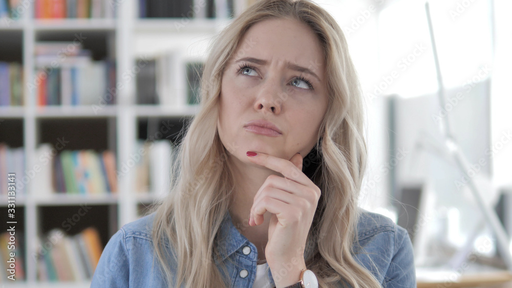 Thinking Young Blonde Woman at Work, Brainstorming Idea Thinking Young Blonde Woman at Work, Brainstorming Idea