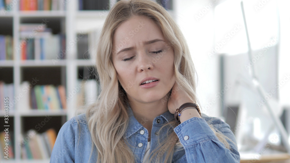 Fototapeta premium Tired Young Blonde Woman with Neck Pain