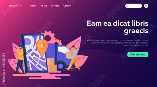 Delivery man and recipient who leaning on smartphone with pin. Door to door delivery by courier flat vector illustration. Delivery service concept for banner, website design or landing web page