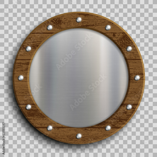 Metal plate in a wooden frame. Isolated on a transparent background