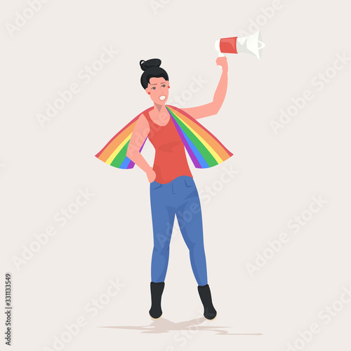 lesbian woman with lgbt flag holding megaphone loudspeaker love parade pride festival demonstration concept full length vector illustration