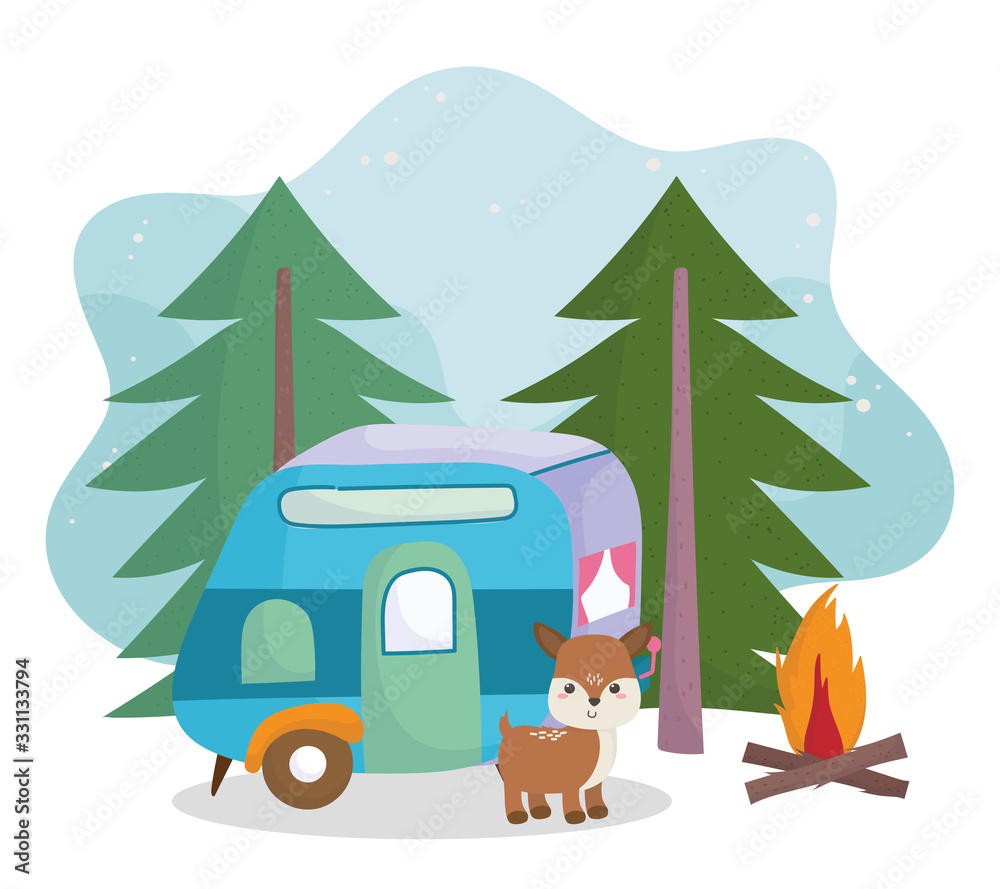 camping cute deer trailer bonfire trees forest cartoon camping cute deer trailer bonfire trees forest cartoon