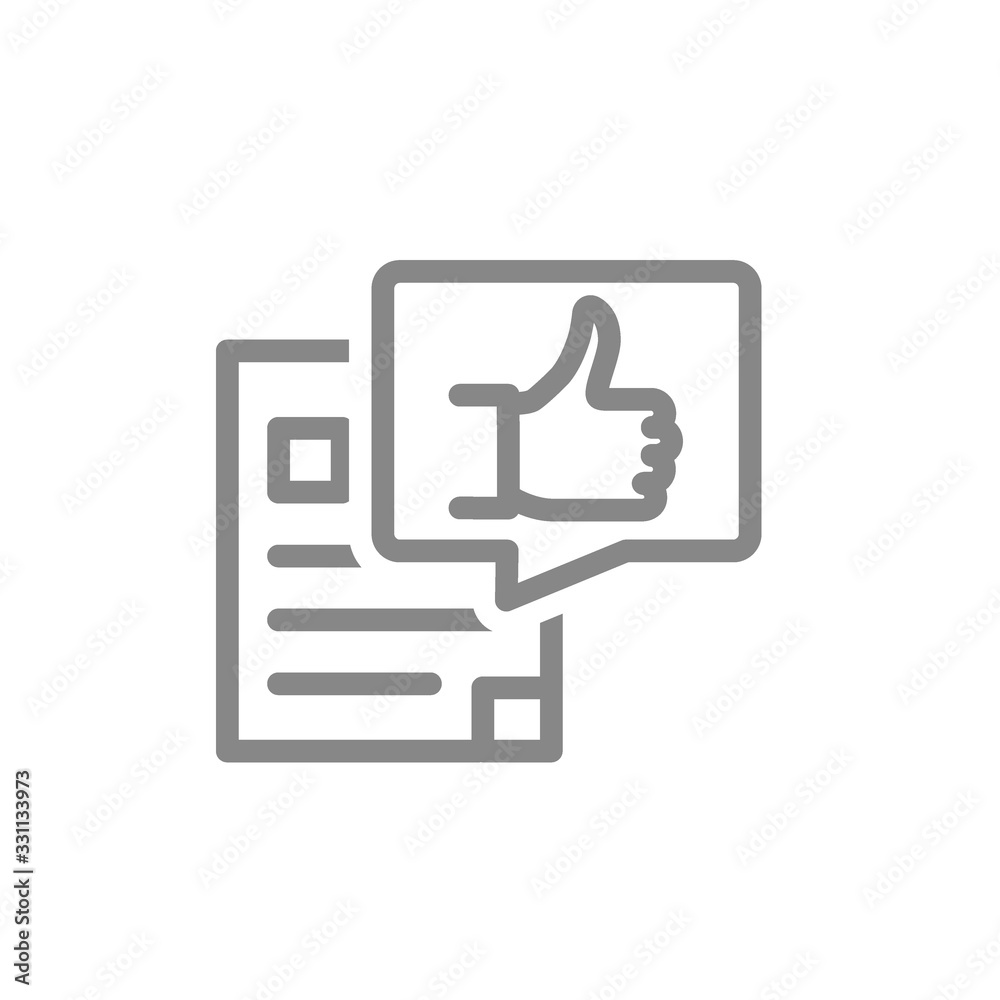 Document with thumb up line icon. Approved file, feedback letter symbol Document with thumb up line icon. Approved file, feedback letter symbol