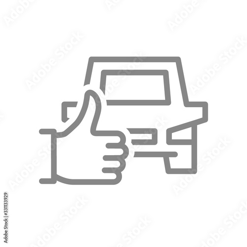 Car with thumb up, like line icon. Best transportation service, taxi feedback symbol
