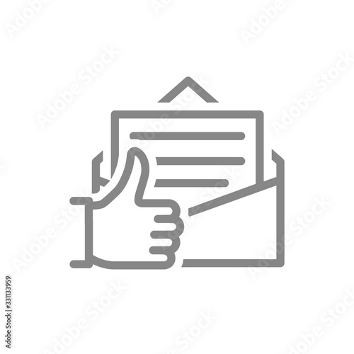 Letter with thumb up line icon. Customer feedback, email review, online message symbol