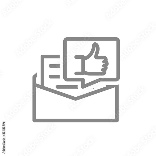 Recommendation letter line icon. Letter with thumb up in speech bubble, praise, like symbol