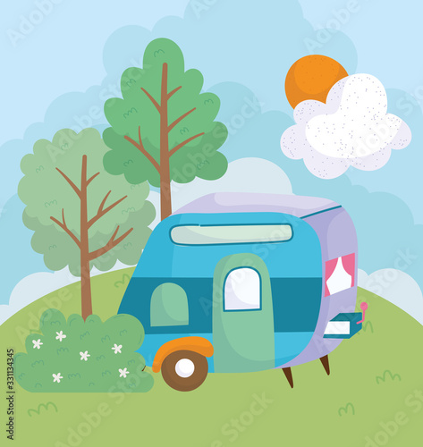 camping trailer flowers bush trees grass sun cloud cartoon