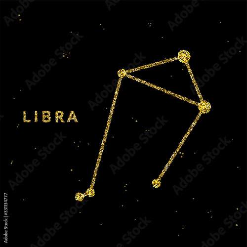 Libra zodiac horoscope sign, astrology simbol in golden shiny glittered style on black sky background.